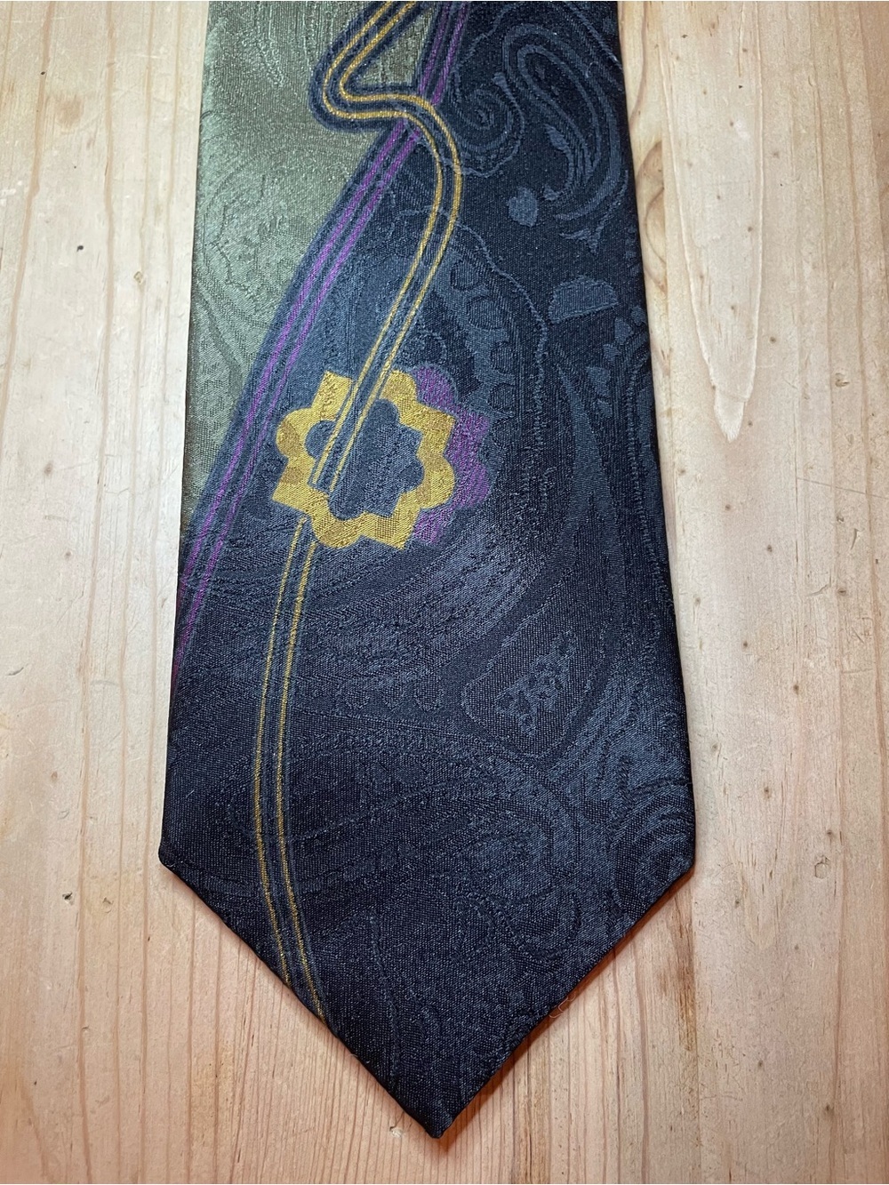 Pierre Balmain Black Tone on Tone Paisley Tie Gold and Purple Accents 55”x3.5”